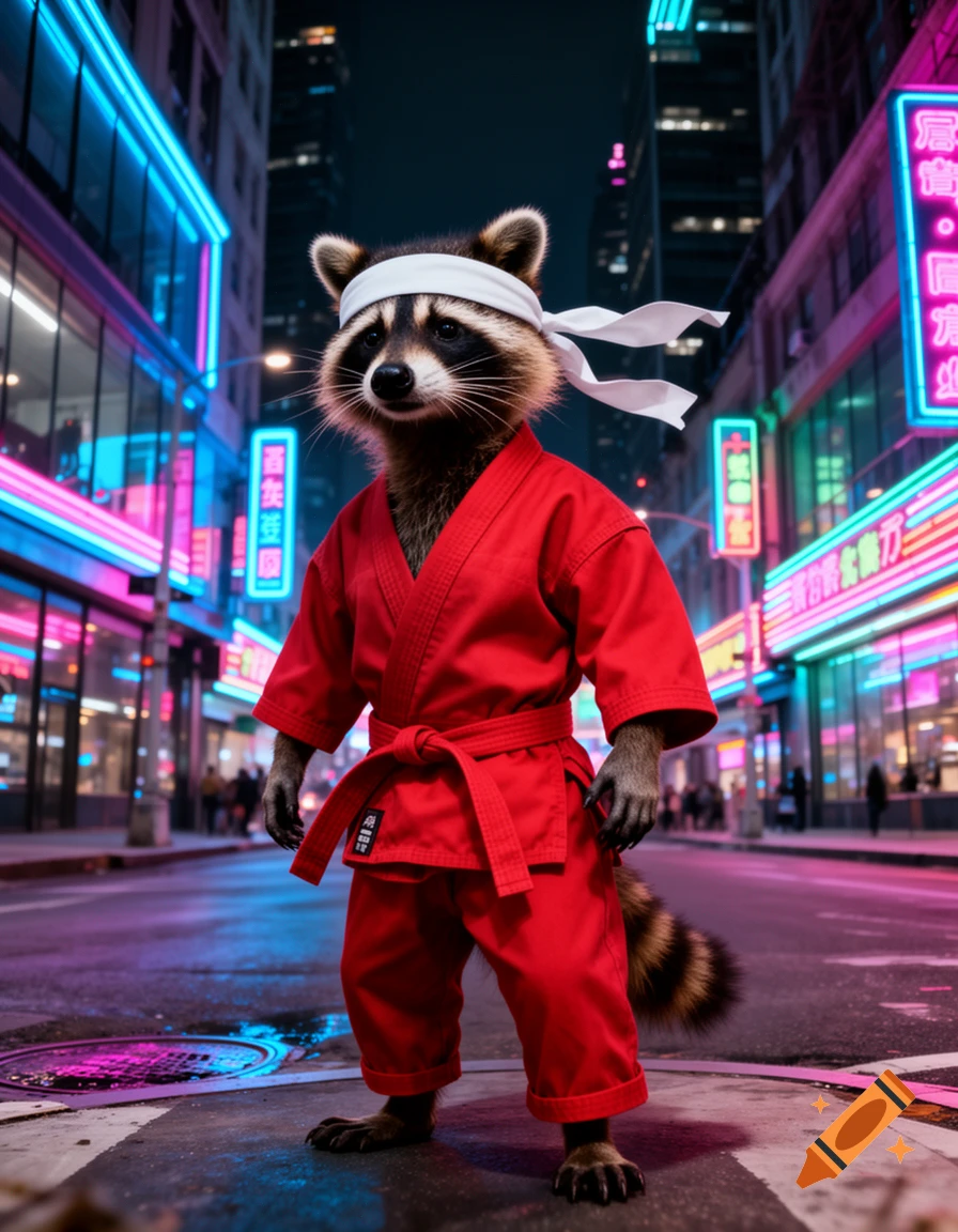 Photorealistic image of a raccoon in a red karate gi and white headband, standing on a neon-lit city street at night.