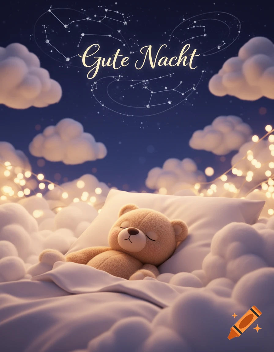 A cute 3D rendered teddy bear sleeping on cloud-like bedding under a starry sky with 'Gute Nacht' text.