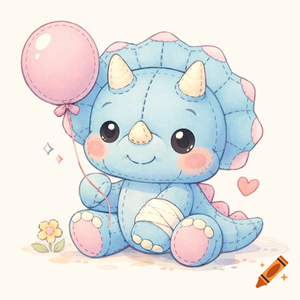 A cute, blue, stitchwork triceratops plushie with a bandaged leg sits, holding a pink balloon, in a pastel watercolor illustration.