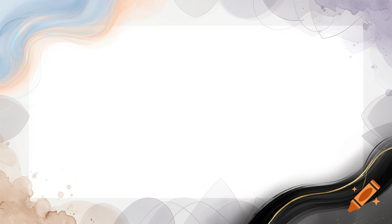 Modern abstract background with flowing pastel blue, orange, brown, and black ink-like shapes with gold accents around a white rectangular center.