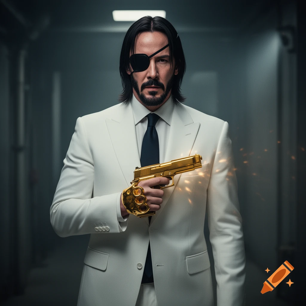 Photorealistic image of Keanu Reeves as John Wick in a white suit, eye patch, holding a golden gun and knuckle duster in a dark hallway.