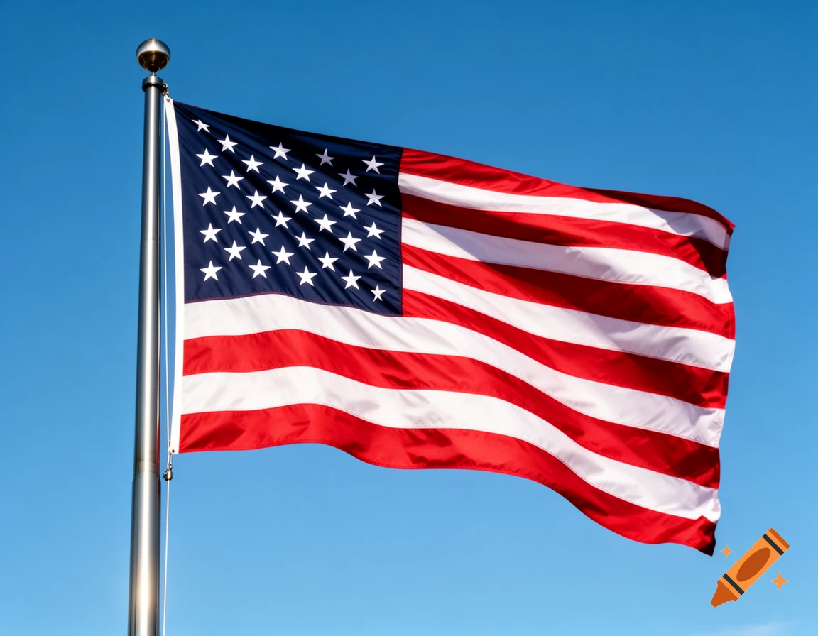 An American flag with red and white stripes and white stars on a blue field, waving against a clear blue sky.