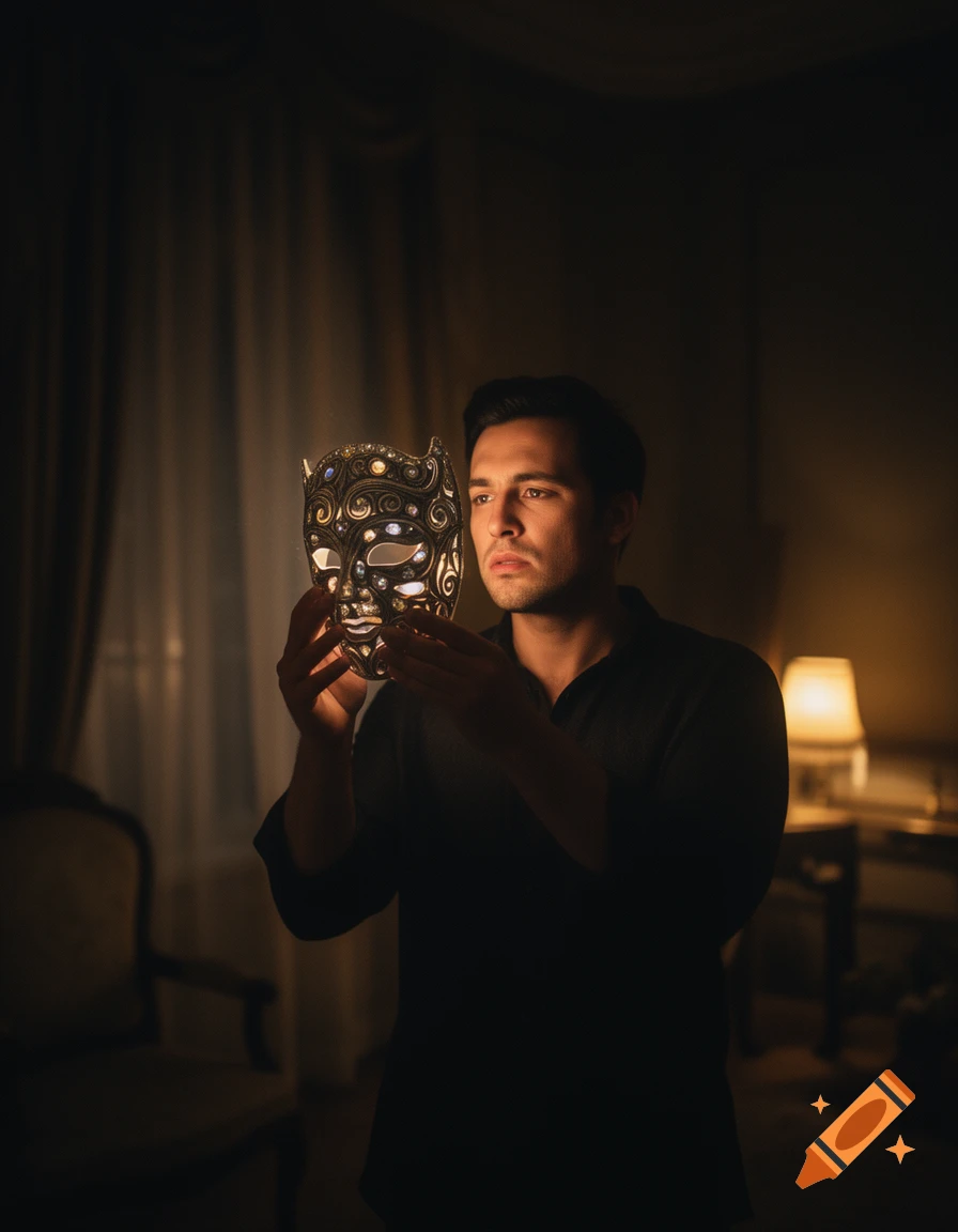 A man gazes intently at an ornate, glowing mask he holds in a dimly lit room.