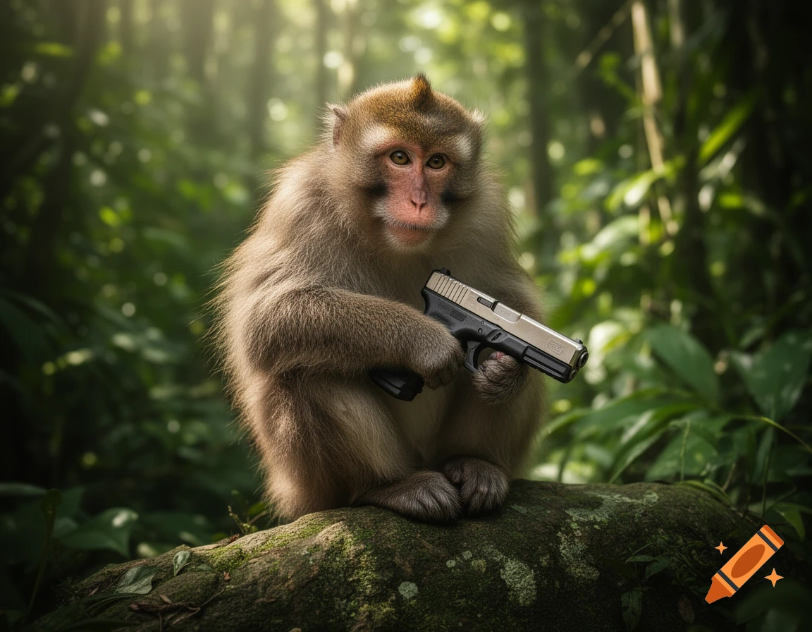 Photorealistic monkey holding a Glock pistol while sitting on a mossy log in a lush jungle.
