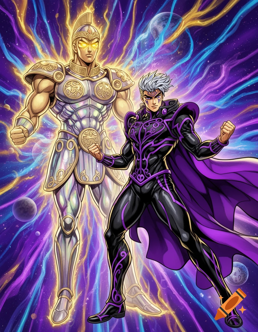 Two muscular anime men, one in golden armor and one in a black and purple suit, pose dramatically against a vibrant cosmic background.