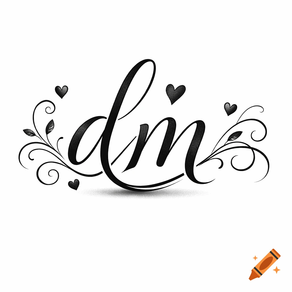 Stylized black script letters 'dm' with decorative flourishes and small hearts on a white background.