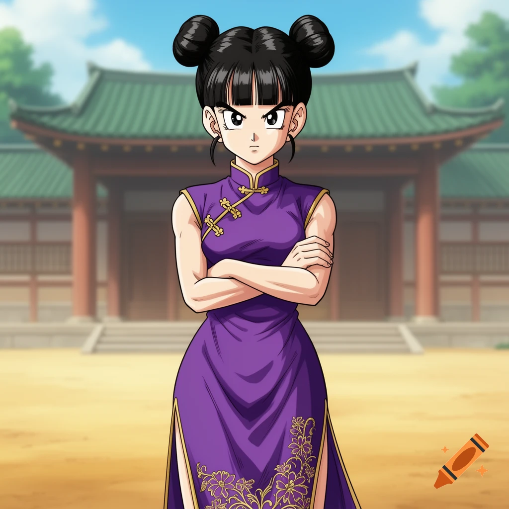 An anime character, Chi-Chi, with black hair styled in two buns and bangs, stands with crossed arms, wearing a sleeveless purple cheongsam with golden floral patterns, in front of a traditional East Asian building.