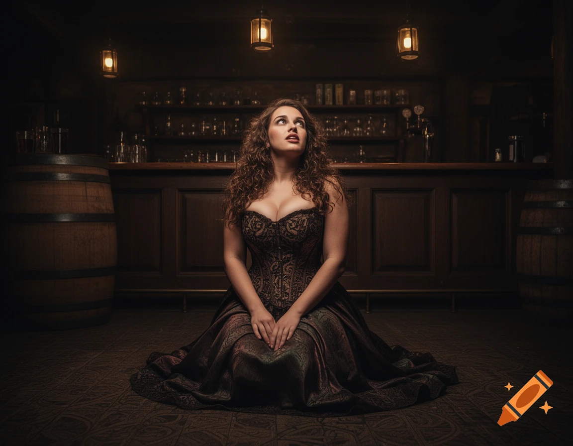 A photorealistic image of a woman in a dark corset and long skirt kneeling in a dimly lit bar, looking upward.