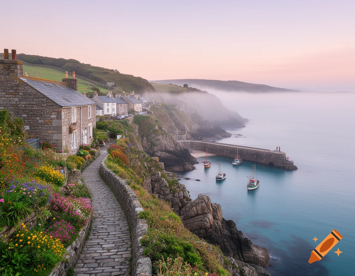 Photorealistic view of a picturesque coastal village with stone houses, a flower-lined path, a pier with boats, and a misty sea at sunset.