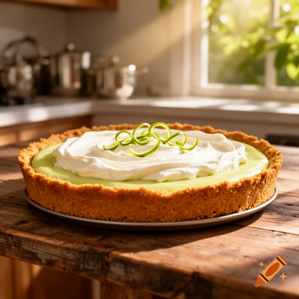 Photorealistic key lime pie topped with whipped cream and lime zest, sitting on a wooden table in a sunlit kitchen.