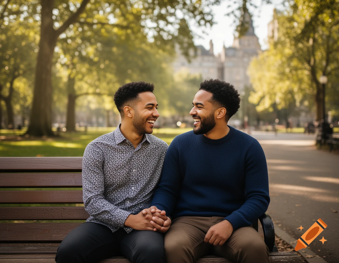 A smiling gay couple holds hands on a park bench, looking at each other. Lush green trees and a building are in the background.