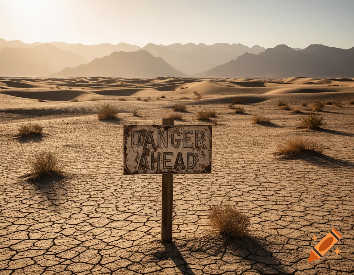 A rusty DANGER AHEAD sign stands in a cracked desert landscape with sand dunes and mountains under a bright sky.
