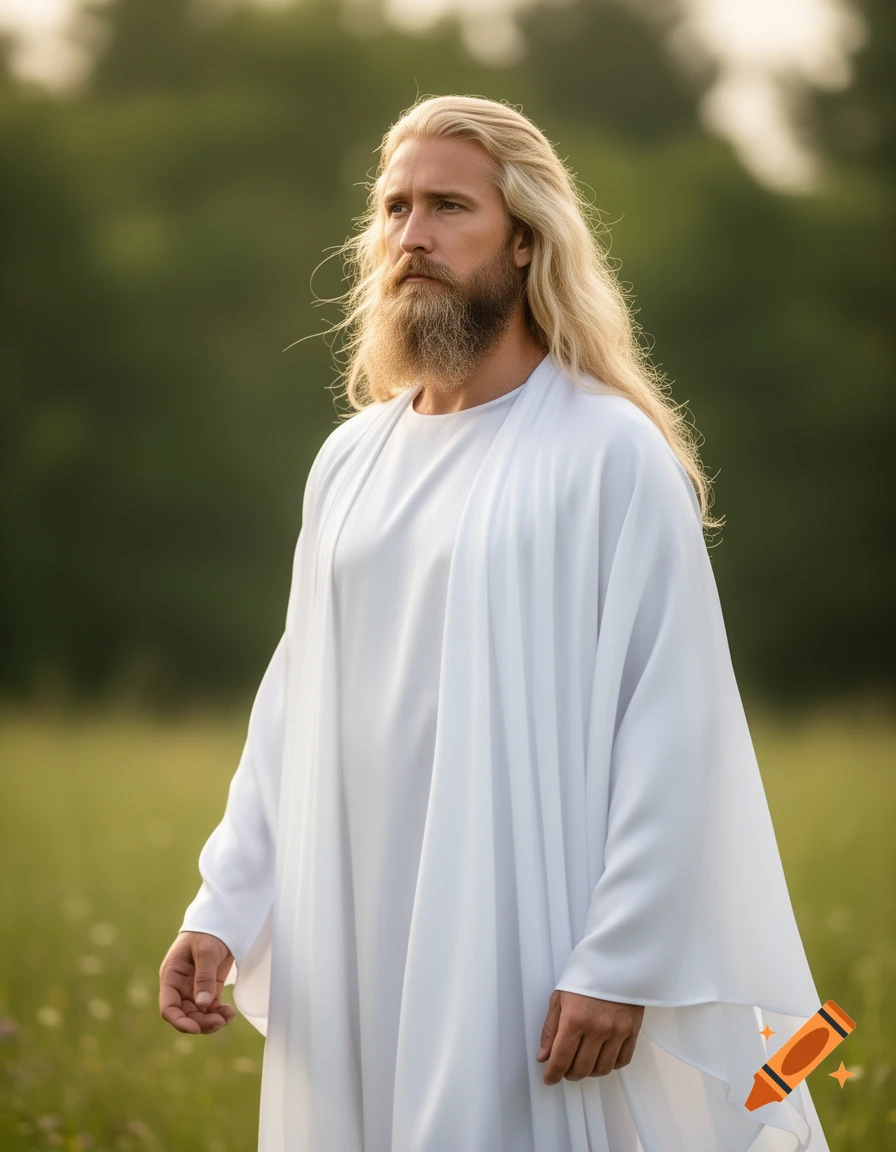 Photorealistic portrait of a blonde man with long hair and beard in a white robe standing in a green field.
