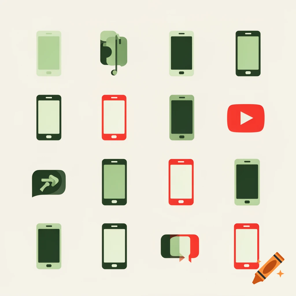Grid of 16 minimalist mobile phone and app icons in light green, dark green, and red, with a YouTube logo.