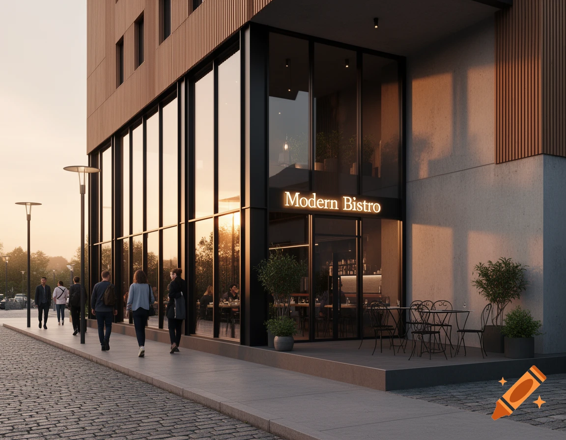 Photorealistic image of a modern bistro with large glass windows and outdoor seating, as people walk along a cobblestone sidewalk at sunset.