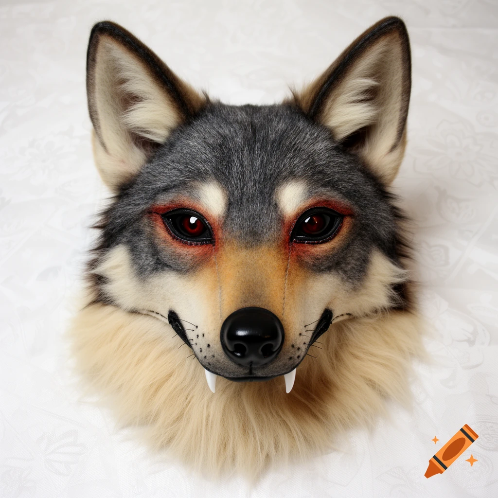 Close-up, head-on view of a realistic wolf mask with gray, tan fur, black nose, red eyes, and white fangs, lying on a patterned white fabric.