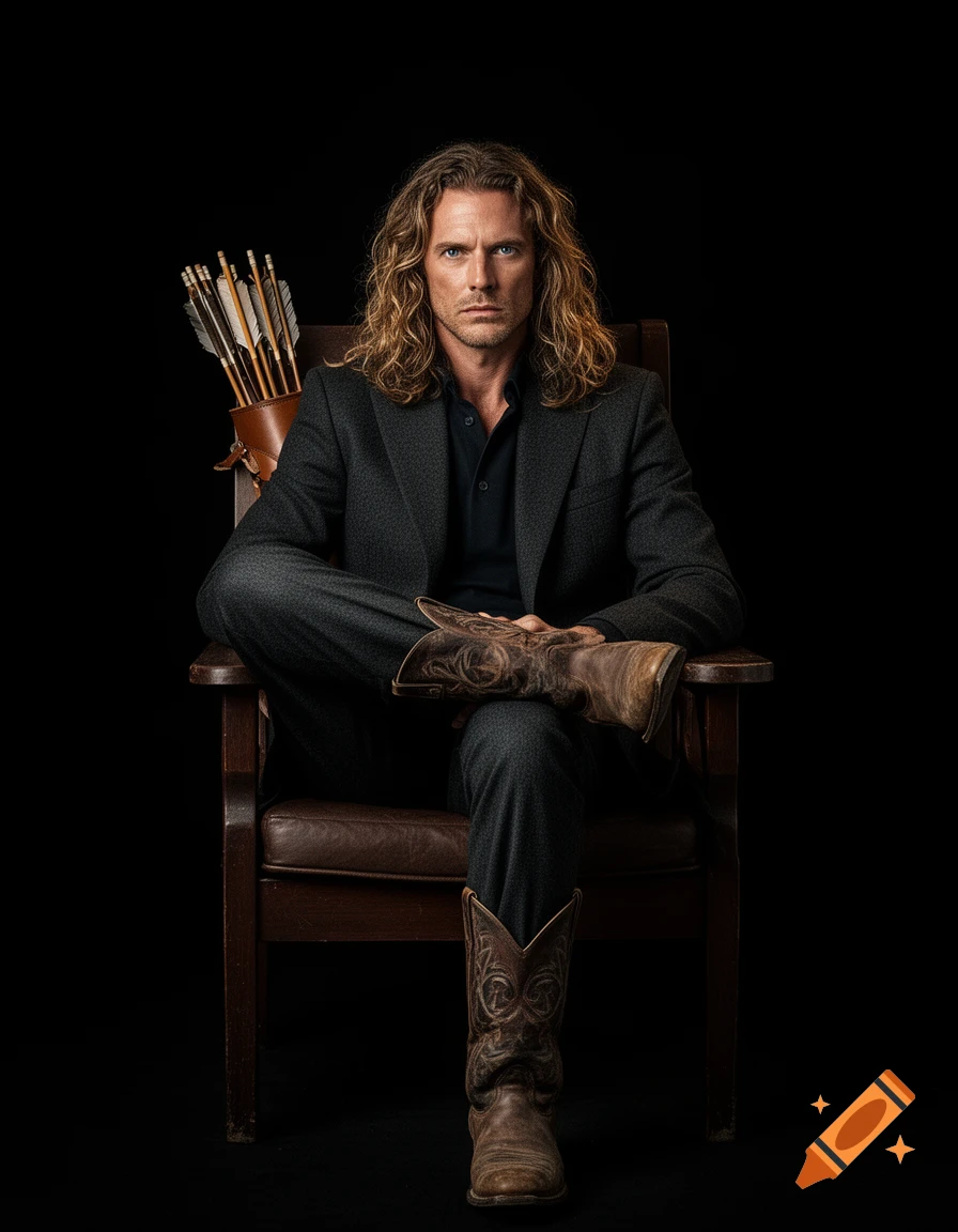 Photorealistic portrait of a man with long wavy hair, in a dark suit and cowboy boots, sitting with a quiver of arrows.