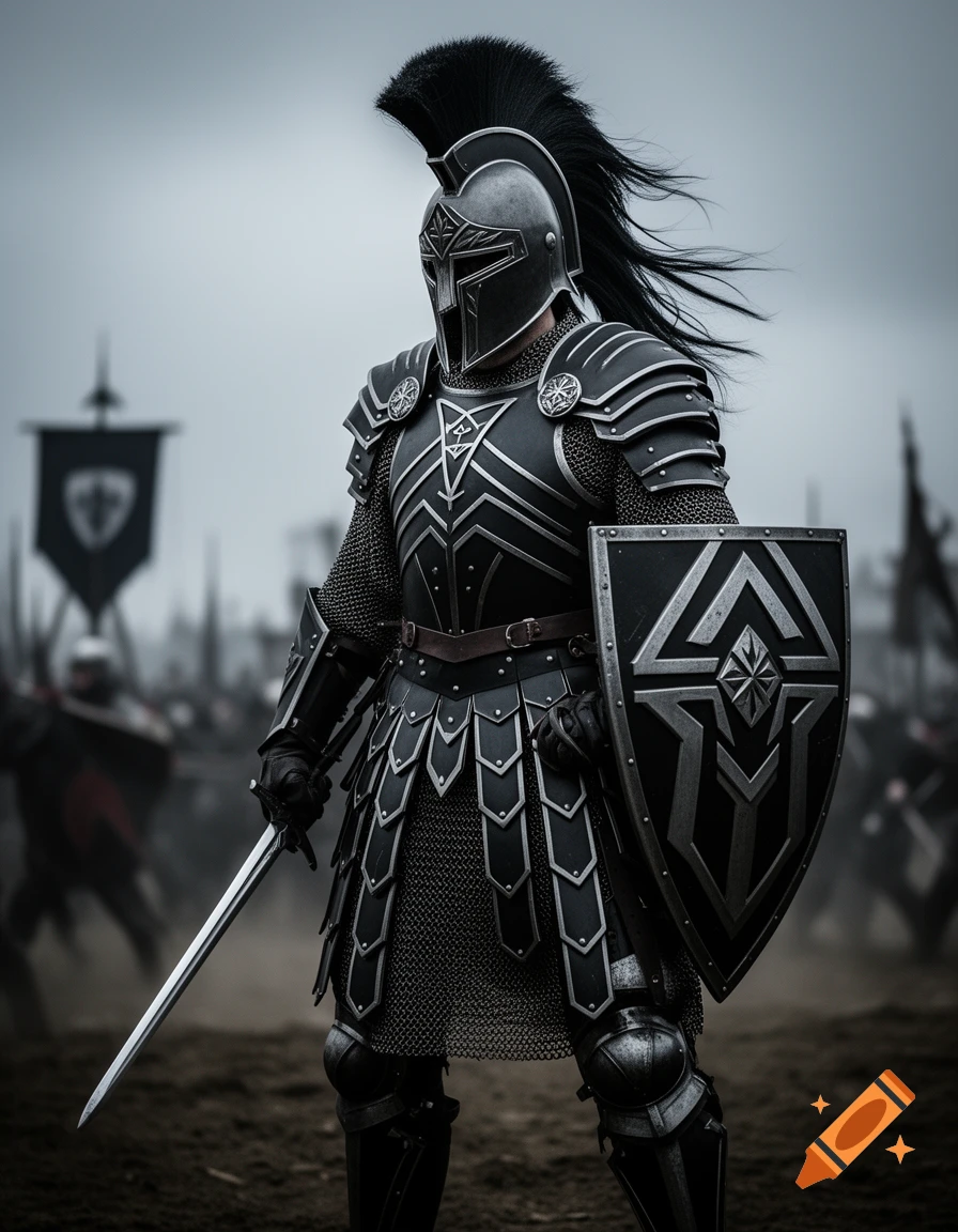Photorealistic image of a fantasy warrior in black and silver armor, holding a sword and shield on a battlefield.