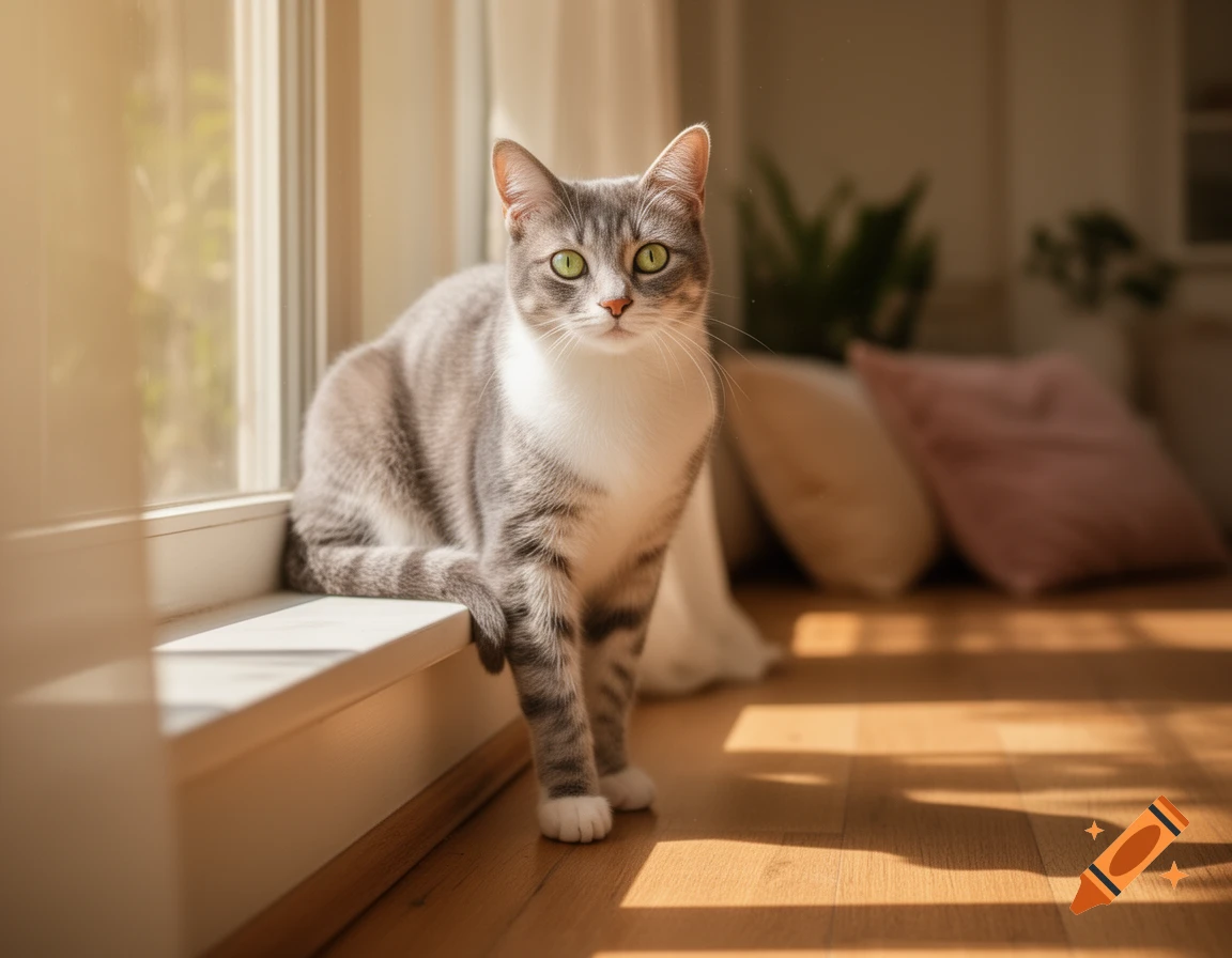 A grey and white tabby cat with green eyes sits on a sunlit windowsill ...