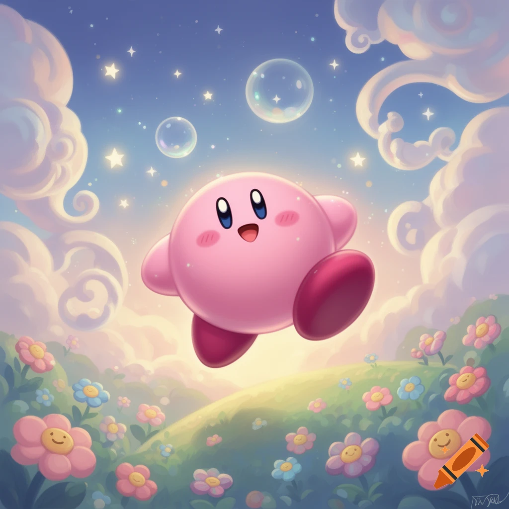 Kirby, a pink spherical character, floats happily over a grassy hill filled with colorful flowers under a starry, cloudy sky.