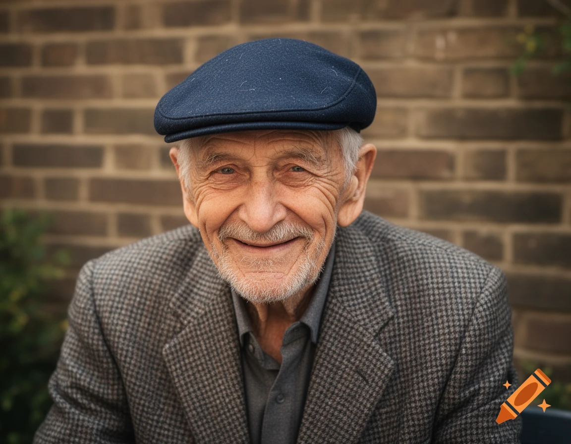 A smiling elderly man with a white beard and a dark blue flat cap, wearing a grey tweed jacket, against a brick wall.