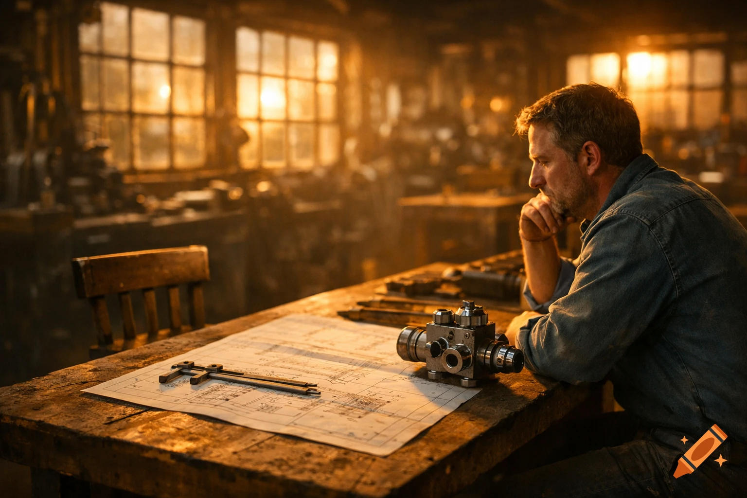 Photorealistic image of a contemplative engineer at a workbench in a warm, golden-lit machine shop, with blueprints and tools.