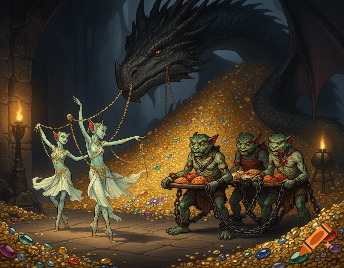 A large black dragon watches over a vast treasure hoard while two elegant, green-skinned dancers with golden chains perform, and three scarred goblin-like workers carry food on trays in a dark dungeon.