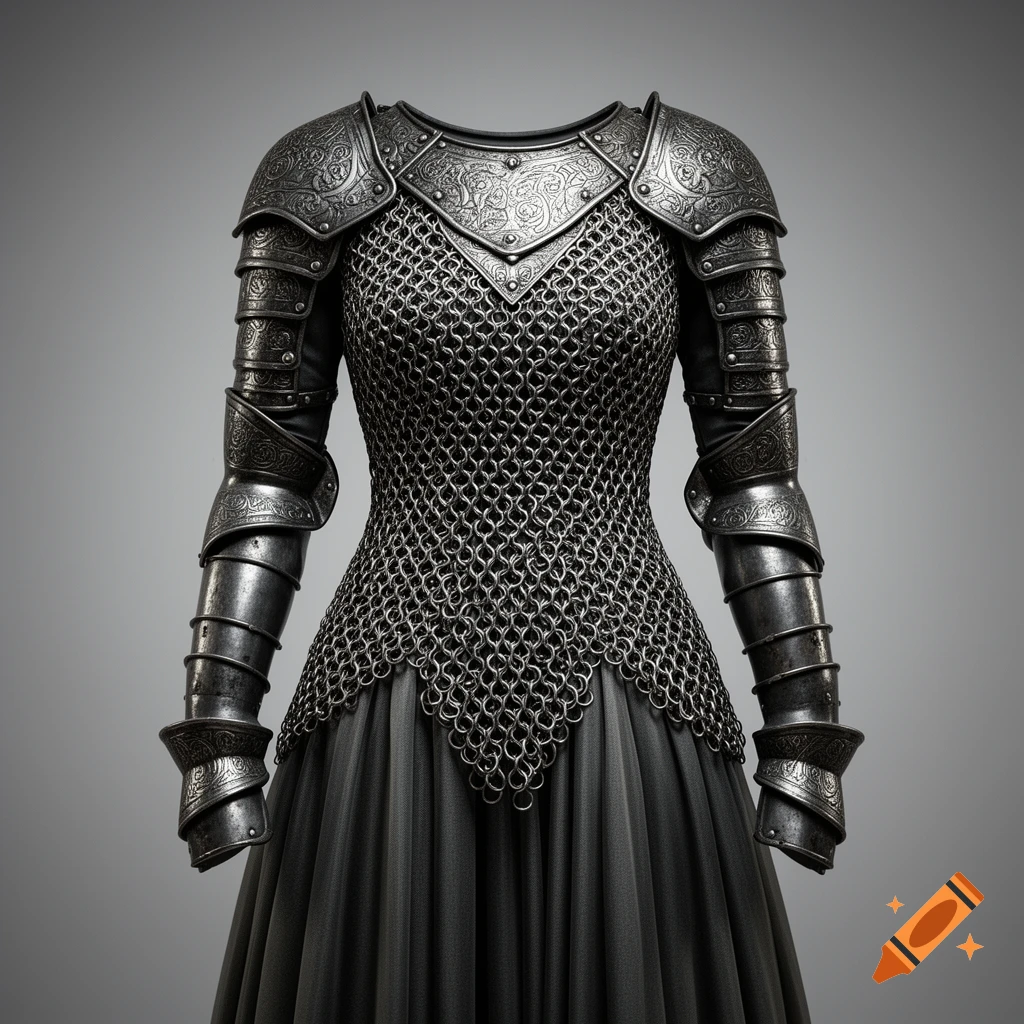 Detailed ornate full-body knight's armor and chainmail dress in dark grey, standing upright, photorealistic.