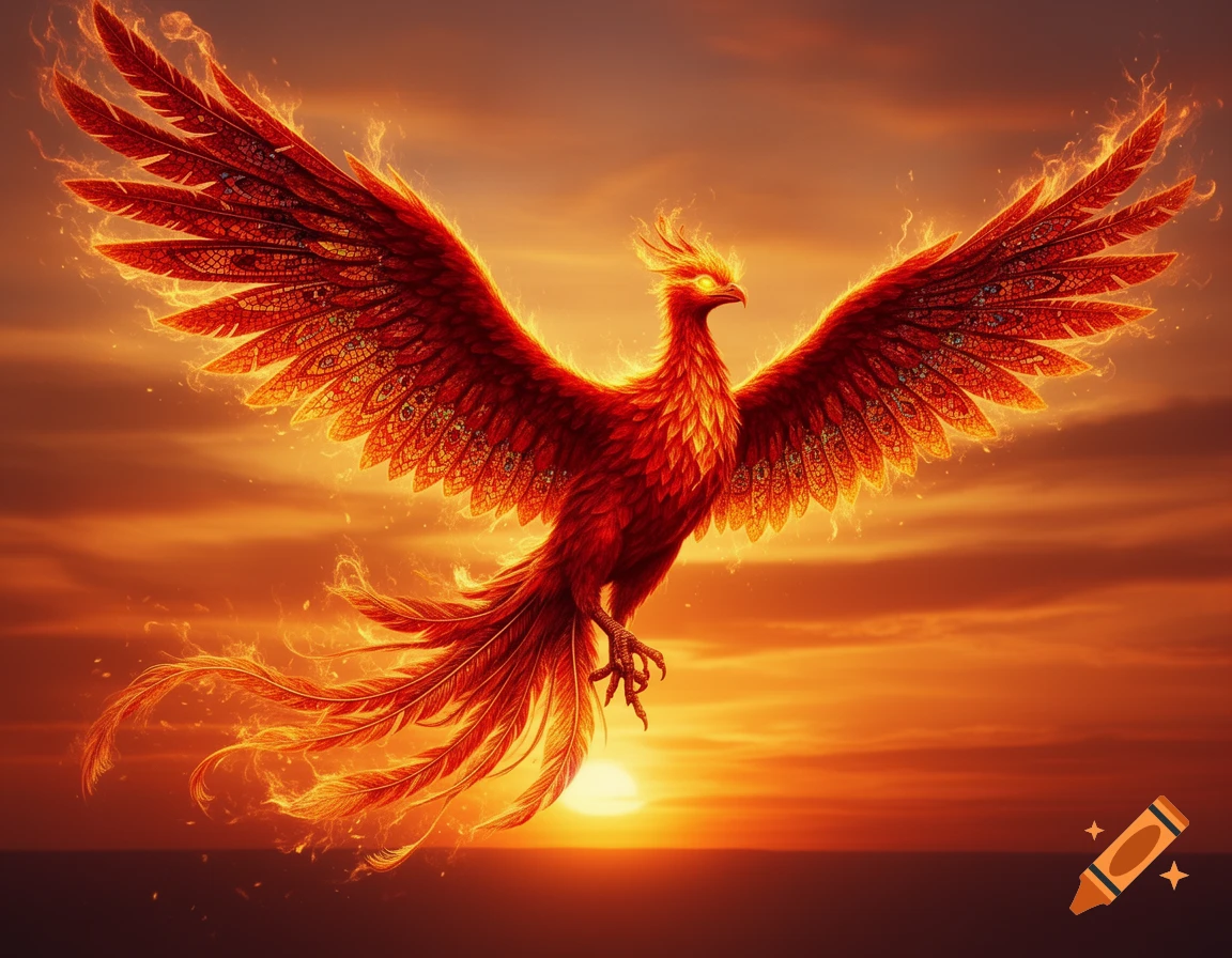 Majestic fiery red and orange phoenix with spread wings flying over an ocean at sunset.