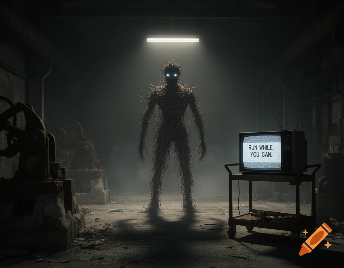 A terrifying creature made of tangled roots with glowing eyes stands in ...