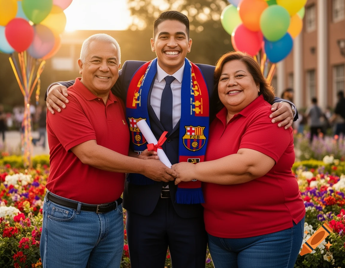 Photorealistic image of a proud young man in a suit and Barcelona scarf holding a diploma, flanked by his smiling parents, celebrating graduation outdoors with balloons and flowers.