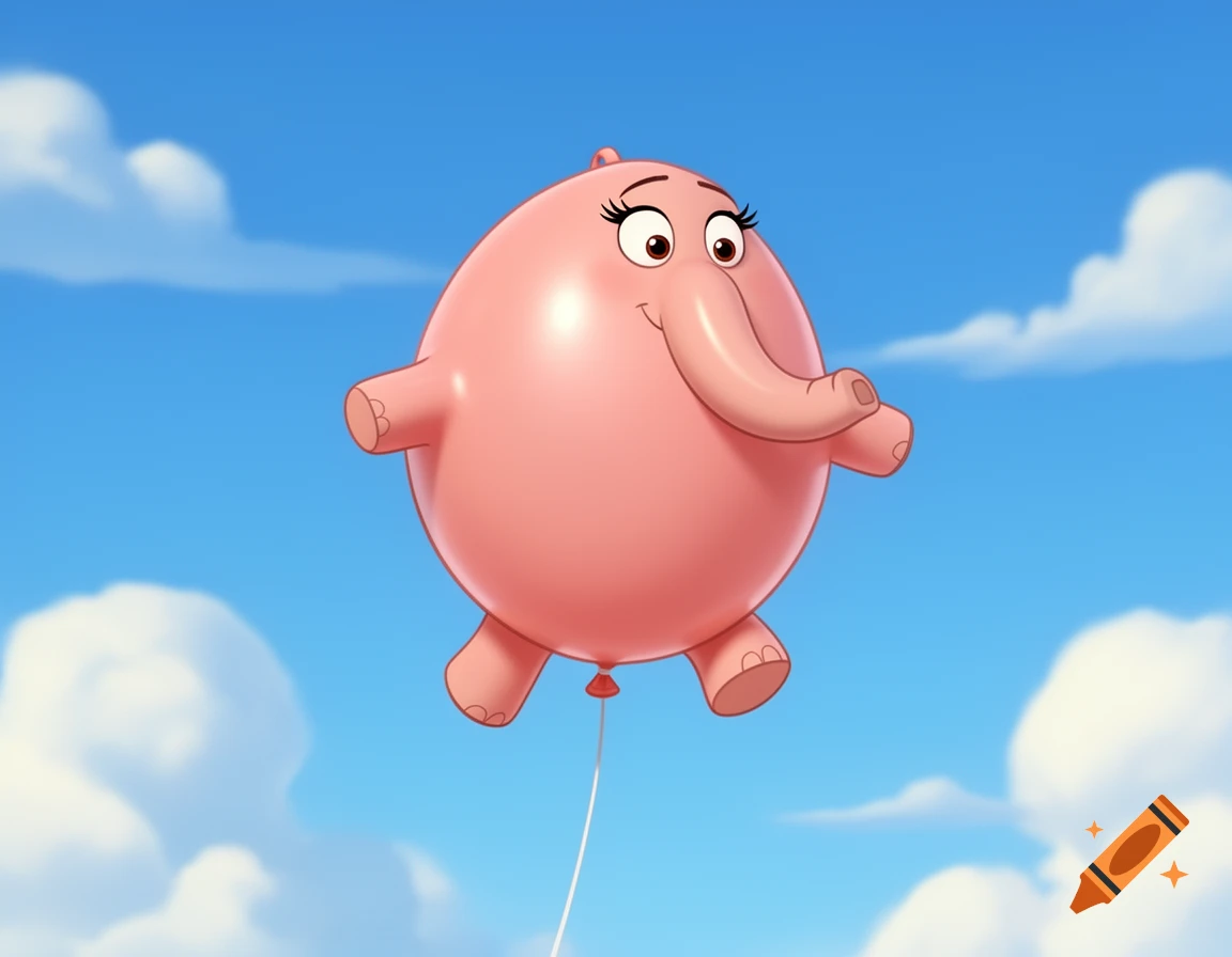 A cartoon pink elephant balloon with long eyelashes floats in a bright blue sky with white clouds.