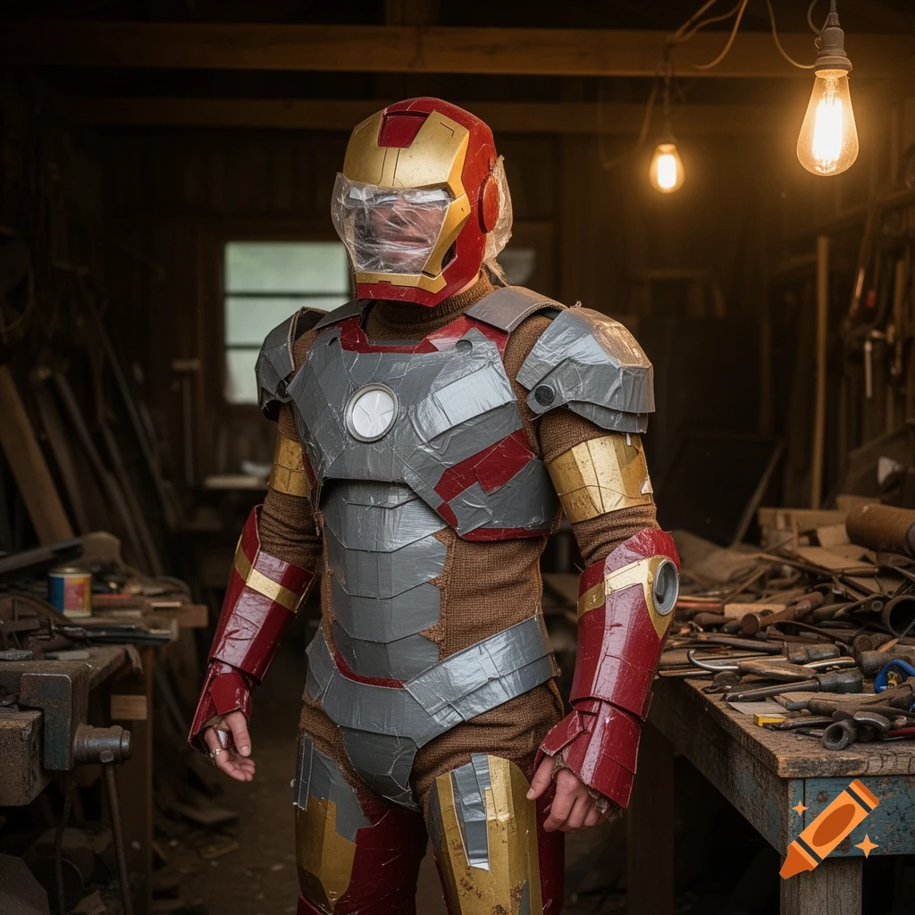 A person in a homemade Iron Man suit made of red and gray duct tape and gold accents stands in a rustic wooden workshop.
