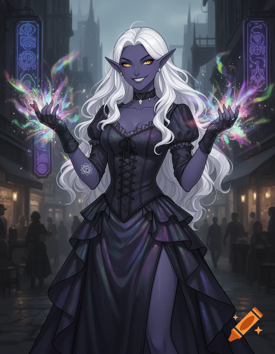 A dark indigo-skinned Drow elf with long white hair, amber eyes, and a ...