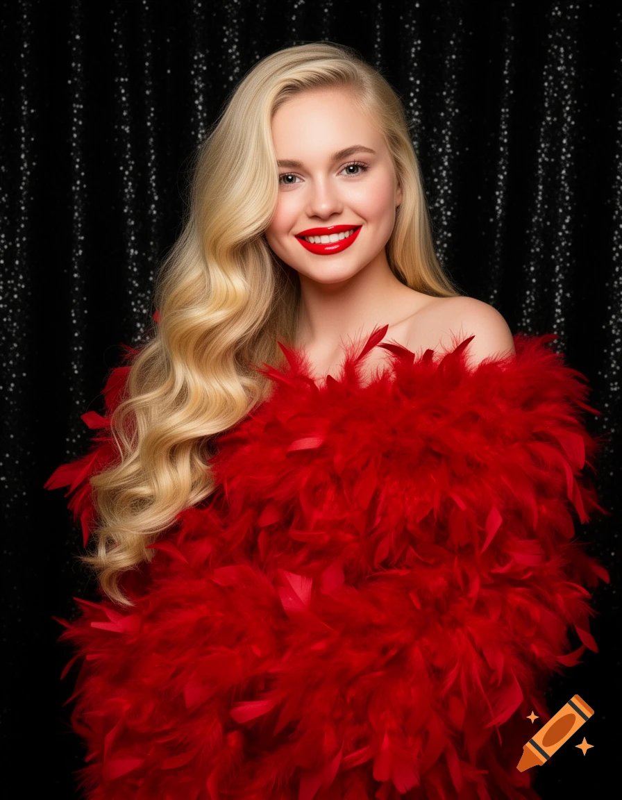 A smiling blonde woman wearing a red feather boa and red lipstick, posing against a glittery black backdrop.