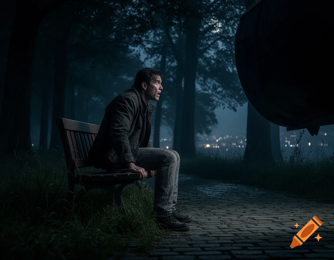 A scared man sits on a park bench in a dark, misty forest, looking at a large, dark object. City lights glow in the distance.