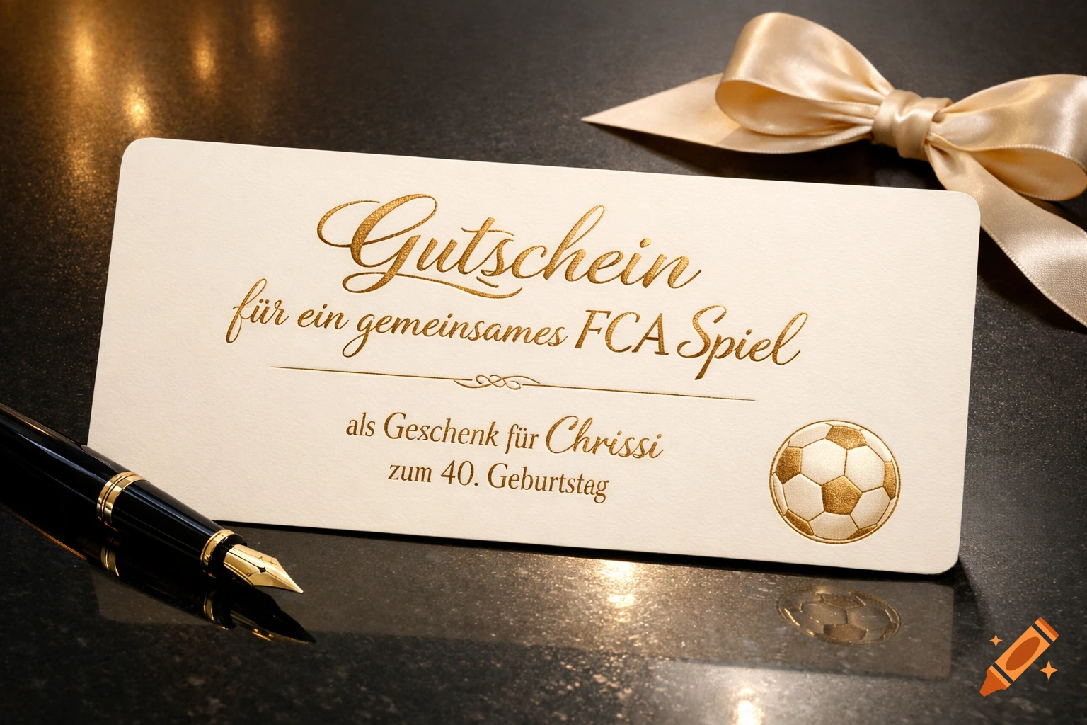 A cream-colored gift voucher with gold text for an FCA soccer game, a gift for Chrissi's 40th birthday, next to a fountain pen and a gold ribbon.
