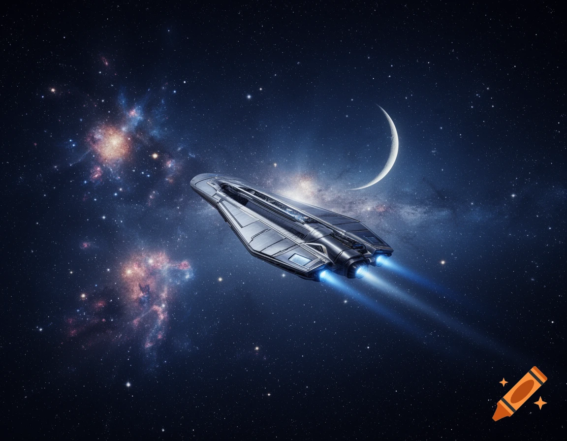 A sleek, metallic spaceship with glowing blue thrusters flies through deep space, illuminated by distant nebulae, a crescent moon, and countless stars.
