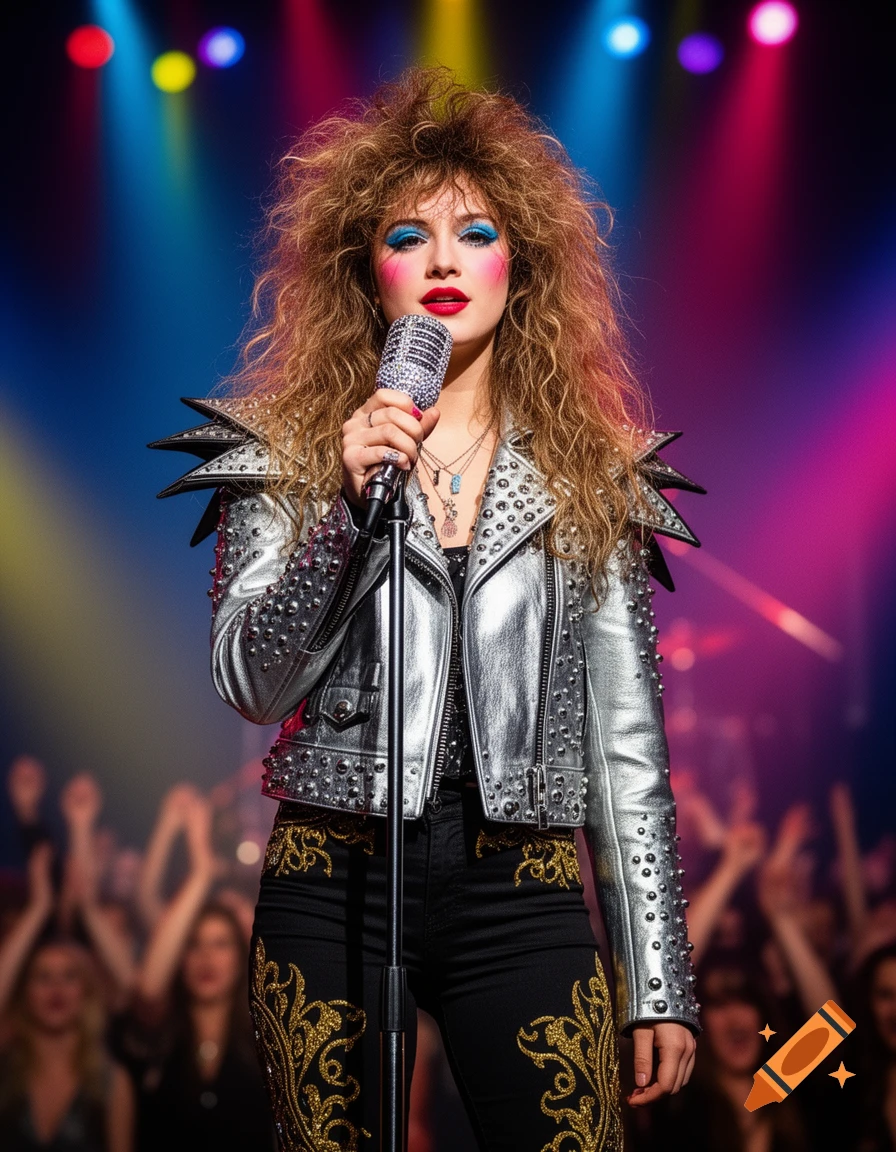 An 80s glam metal rock singer with big hair and heavy makeup, wearing a studded silver jacket and embroidered pants, sings into a microphone on a colorful stage.
