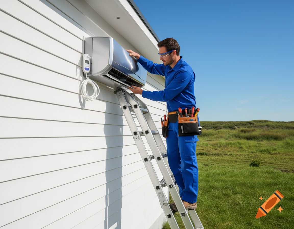 A male technician in a blue uniform on a ladder, installing a mini-split air conditioning unit on a white house.