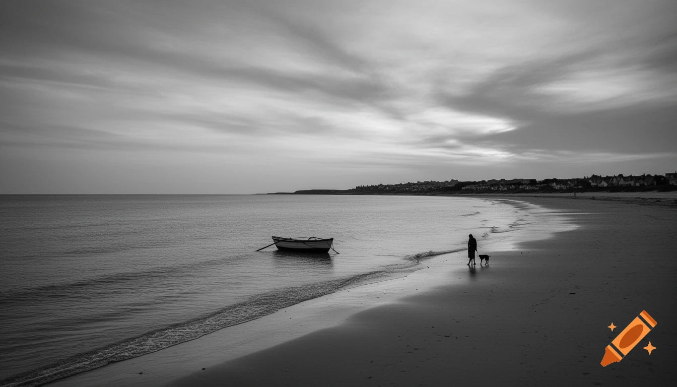 Monochrome seascape of a person walking a dog on a sandy beach next to a small boat, with a distant village.