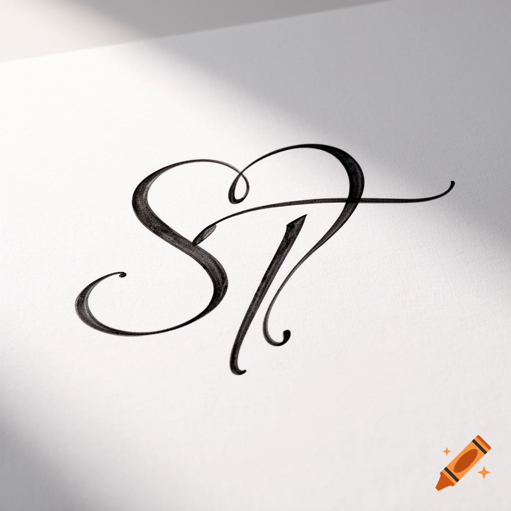 Elegant black calligraphy intertwining the letters S and T to form a heart shape on a white background.