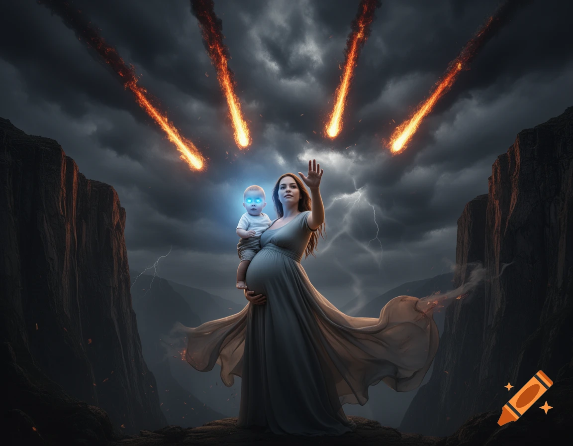 A pregnant woman holding a baby with glowing blue eyes raises her hand as fireballs rain from a stormy sky between two rocky peaks.