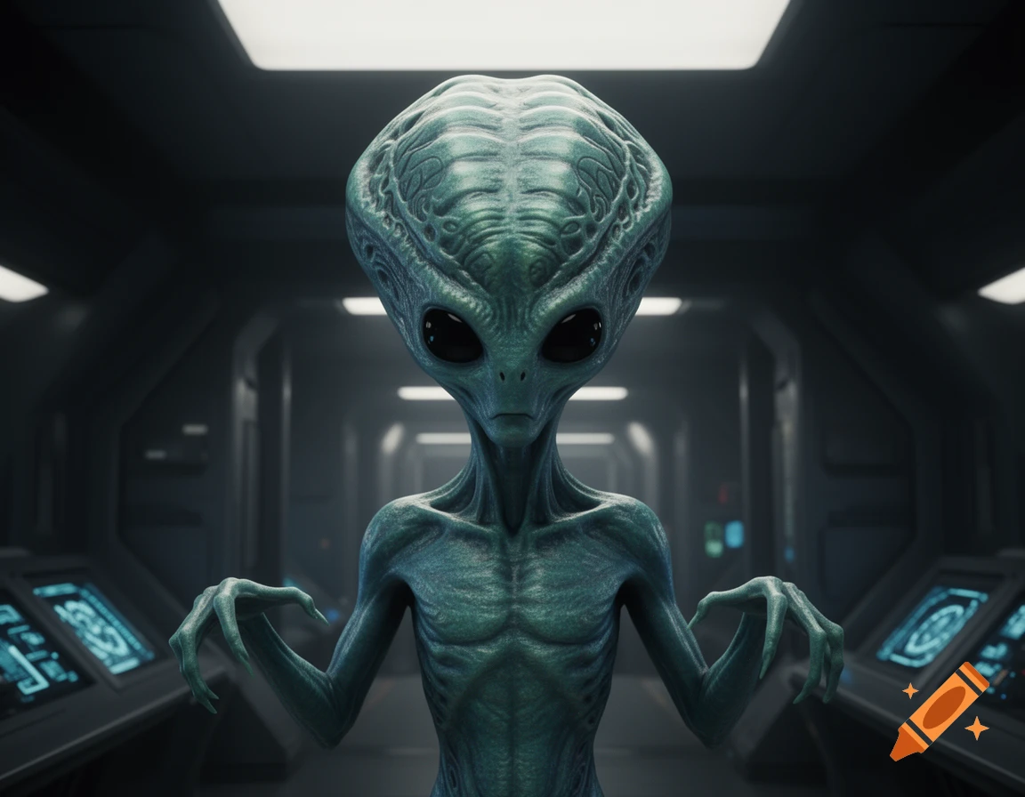 A grey alien with large dark eyes stands in a dimly lit futuristic spaceship corridor with glowing control panels.