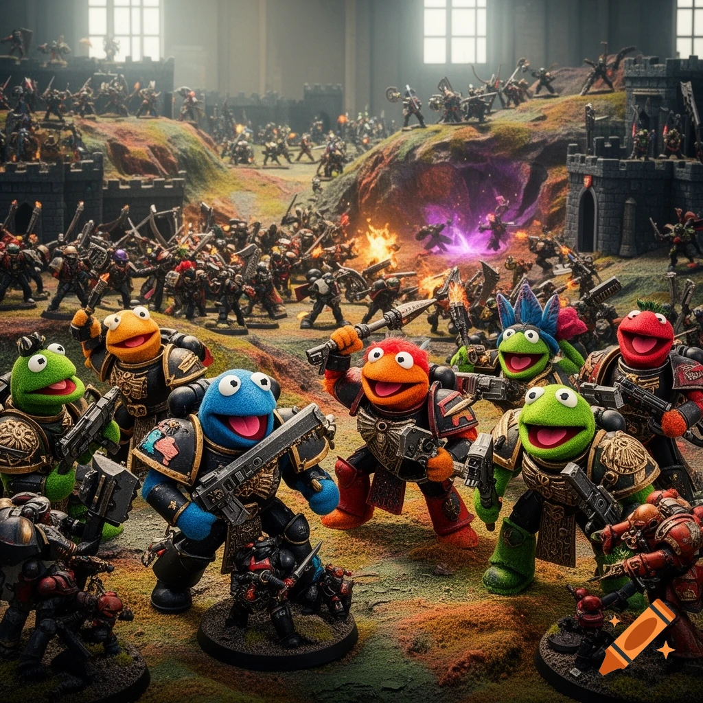 Muppet-like characters in Warhammer 40k power armor stand on a battlefield with miniature figures, engaging in a wargame scene.