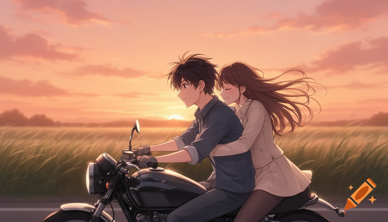 Anime art of a smiling teenage couple on a motorcycle at sunset in the countryside, girl hugging the boy from behind.