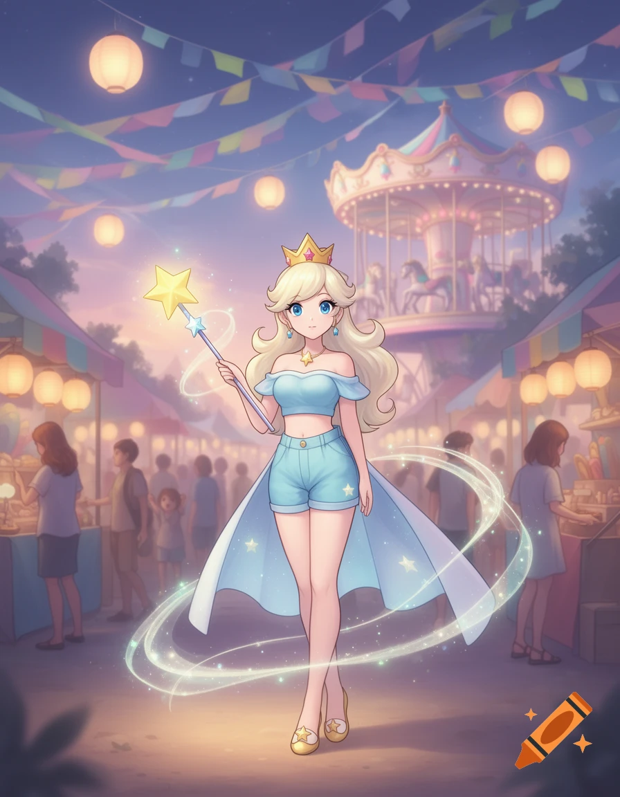 Anime illustration of Rosalina in a light blue crop top and shorts, holding a star wand at a pastel summer festival.