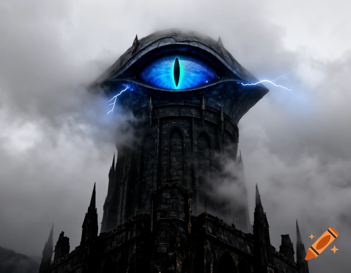 A glowing blue eye with a slit pupil atop a dark gothic tower, surrounded by stormy clouds and lightning.