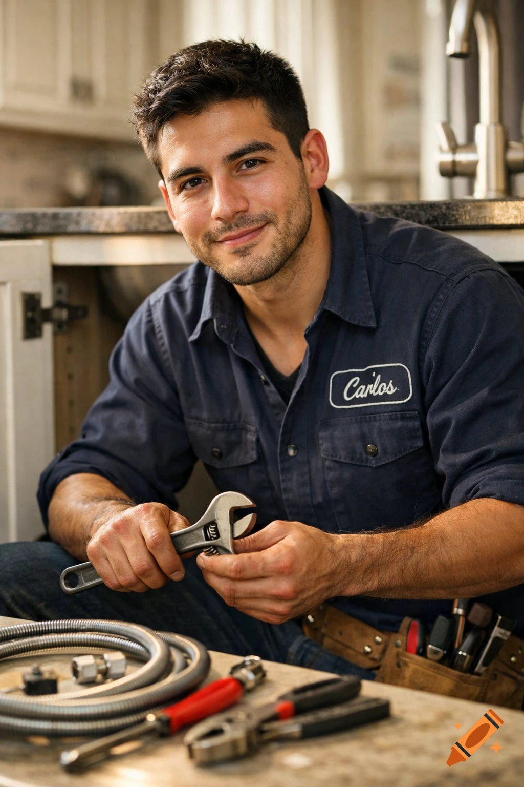 Photorealistic image of a smiling plumber named Carlos holding a wrench under a kitchen sink, with tools nearby.