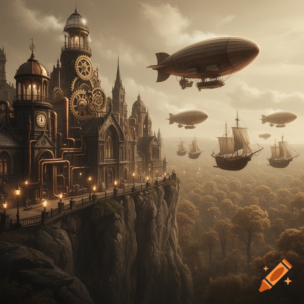 A steampunk city on a cliff with gears, pipes, and lamplit streets ...